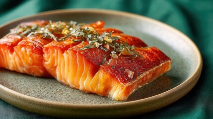 Seared Salmon Fillet With Herb Garnish Served on a Ceramic Plate for Dinner