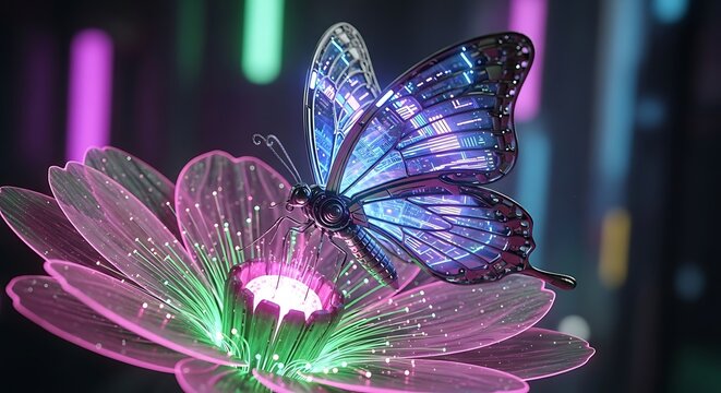Futuristic butterfly on a glowing flower with colorful background concept - Powered by Adobe
