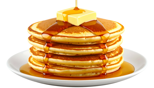 Stack of golden pancakes on white plate, topped with butter and flowing syrup - Powered by Adobe