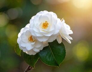 White Camellia Blooms in Soft Sunlight