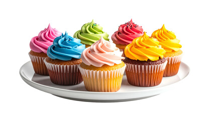 Colorful cupcakes with swirled frosting sit on a white platter against a black background