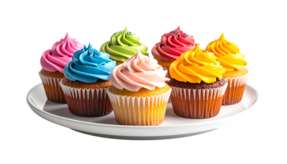 Colorful cupcakes with swirled frosting sit on a white platter against a black background