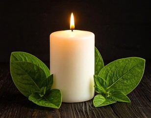 White Candle with Green Leaves on Dark Wood