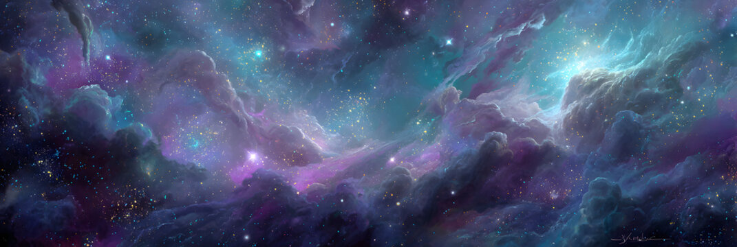 Explore the vibrant nebula, a stunning cosmic cloudscape with stars twinkling in the ethereal purple and blue galaxy, perfect for sci-fi designs - Powered by Adobe