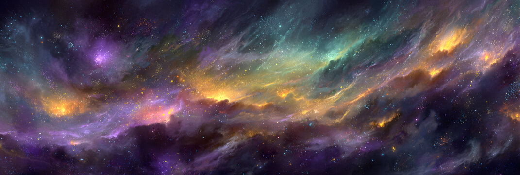 Stunning cosmic cloudscape with vibrant hues of gold, purple, and teal creating a mesmerizing celestial panorama for your next creative project
