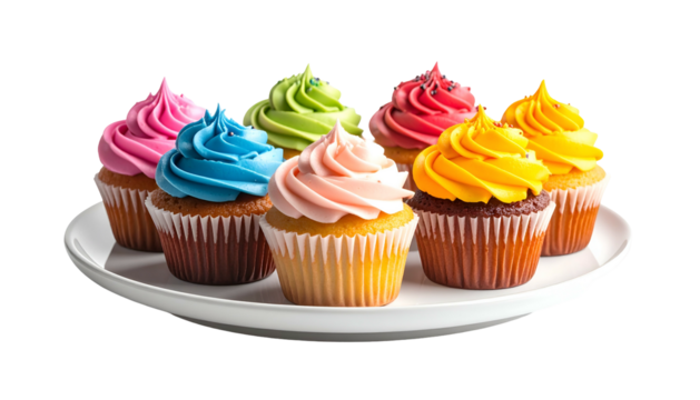 Colorful cupcakes with swirled frosting sit on a white platter against a black background