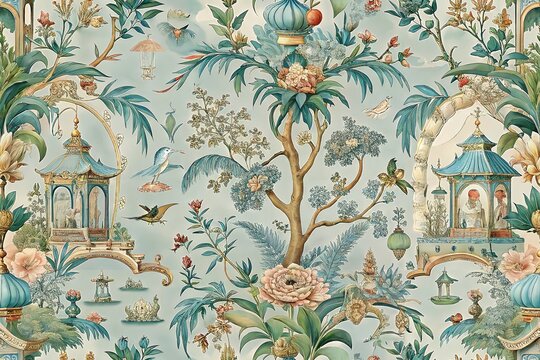 Watercolor painting of chinoiserie wallpaper depicting intricate pagodas with colorful flowers exotic birds lush foliage creating timeless elegance classic vintage art aesthetic