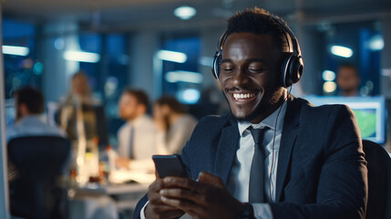 Businessman having a video call on his mobile phone from the office. A happy, family call.