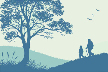 Rural Meadow Landscape Vector with Wildflowers, Grass, and Tree