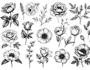 Delicate black and white botanical illustration set of blooming flowers and foliage elements