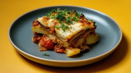 Portion of Vegetarian Moussaka With Dill on a Plate, Presented on a Yellow Background