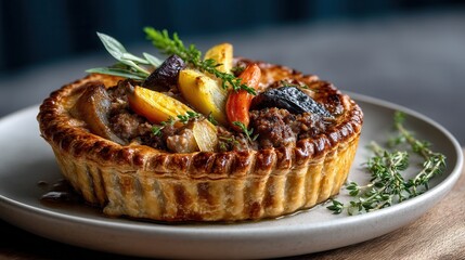 Savory Meat Pie With Vegetables Sits on a Plate, Garnished With Fresh Herbs