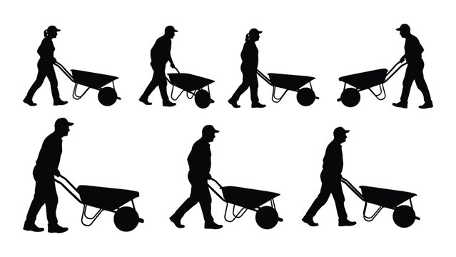 Silhouettes of people pushing wheelbarrows isolated on white background, Vector