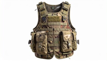 Camouflage tactical vest with multiple pouches and adjustable straps, military-style gear on white background, rugged and functional design for outdoor or combat use.