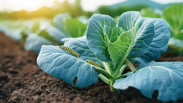 Close up shot of a young cabbage plant being invaded by striped caterpillars, voraciously munching on the fresh leaves in a vegetable patch