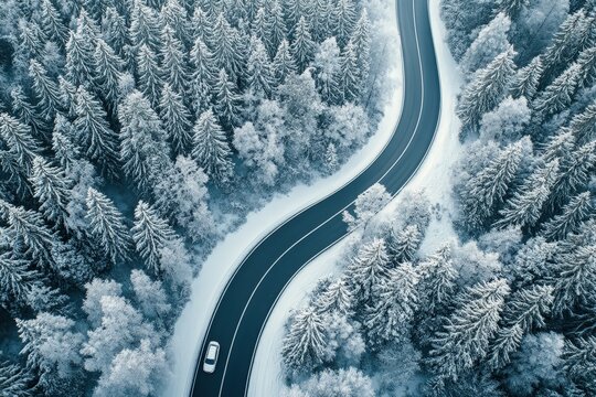 A winding road snakes through a snowy forest, showcasing a serene winter landscape with a single car traveling along the path.