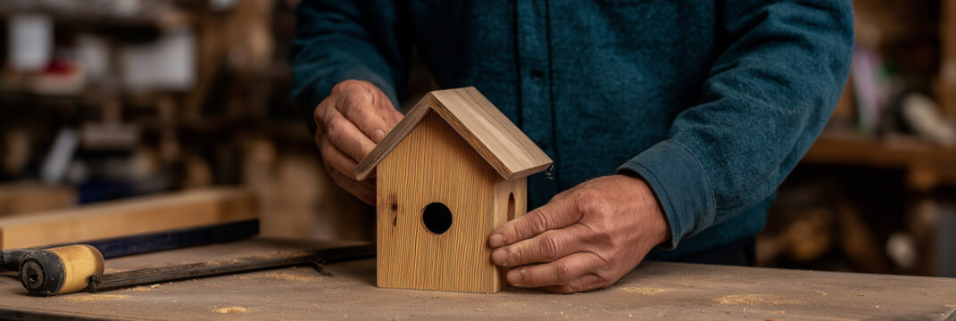A craftsman is focused on assembling a birdhouse, highlighting the artistry and craftsmanship involved in woodworking and the importance of creating for nature.