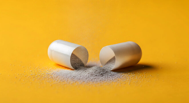 White capsule broken open spilling powder on yellow background medicine health