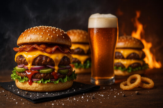 Bacon Cheeseburger with Beer and Fries