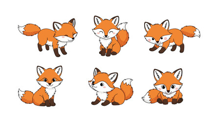 Obraz premium Collection of six cute cartoon foxes in various poses on a white background.
