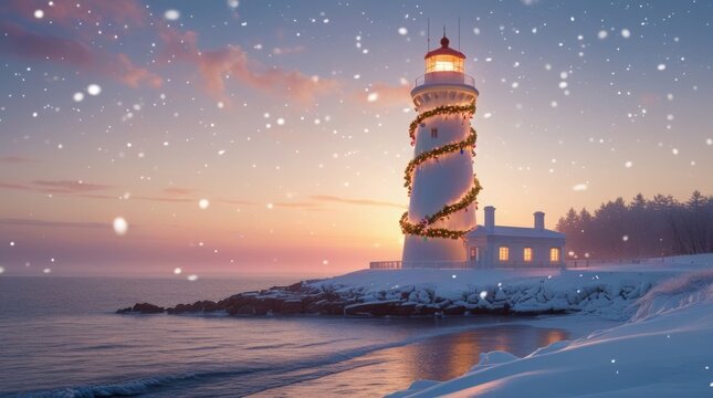 Classic white lighthouse with a rustic texture and subtle worn details, wrapped in lush green garlands intertwined with vibrant red holly berries and delicate snowflakes gently falling around it, as