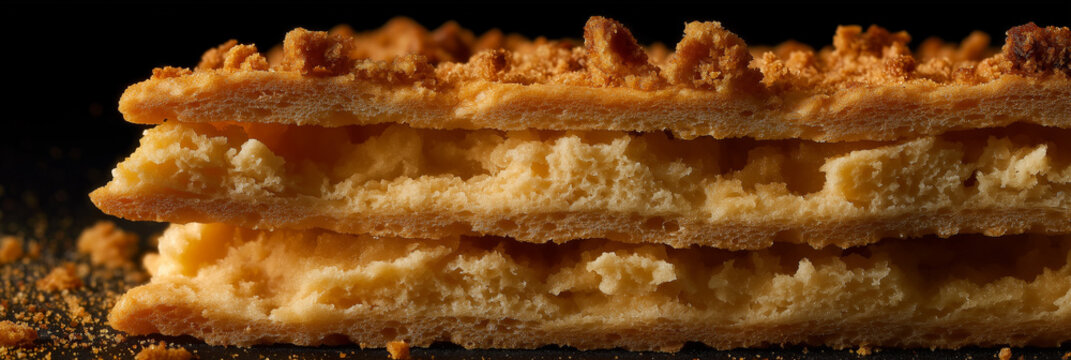 An appetizing close-up of a crunchy pastry showcasing golden layers and texture that invites you to indulge in its deliciousness and simple pleasures of life.