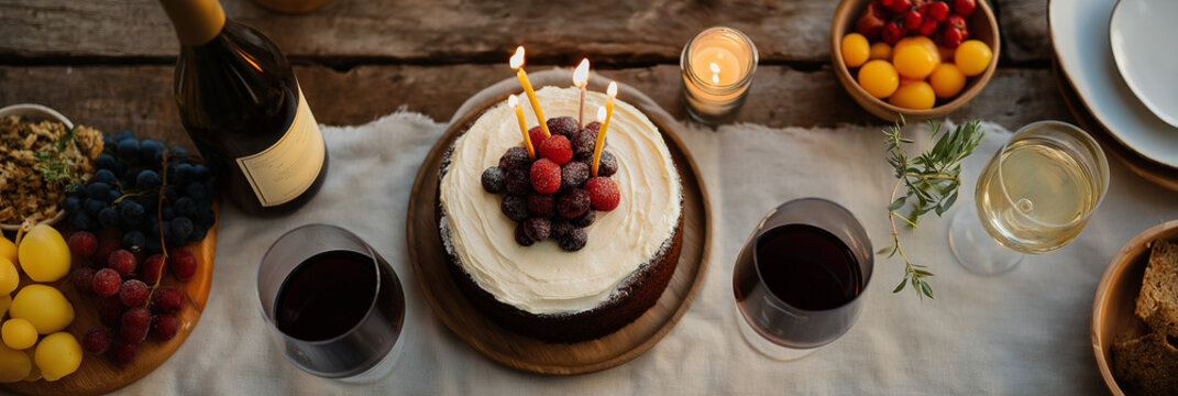 A beautifully decorated birthday cake topped with an array of fresh berries, illuminated by three glowing candles, set against a rustic wooden table background.