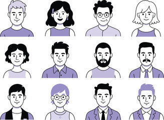 Diverse group of cartoon people illustrations on white background avatars