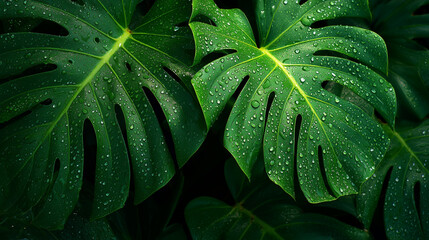 Close up of vibrant green tropical Monstera leaves for natural background texture.