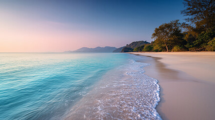 Tropical Beach at Sunrise in Thailand for background, free space for text