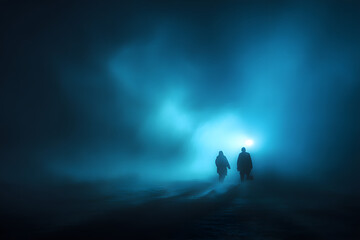 Two figures walk into the mysterious blue fog, a journey into the unknown, perfect for storytelling, fantasy concepts, and suspenseful narratives