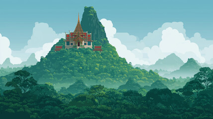 Vector art of thai temple in nature with green mountain background