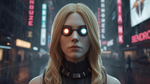 Futuristic woman with glowing goggles in rainy cyberpunk cityscape