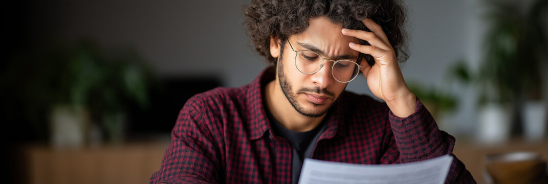 A focused young man sitting at a table studiously analyzing documents in a well-lit, tranquil environment, showcasing concentration and diligence in his work.