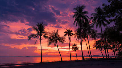 Silhouette of palm trees on a tropical beach against a vibrant orange and pink sunset sky for background