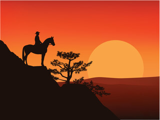 vector silhouette landscape with cowboy rancher riding horse standing at hill slope agaisnt setting sun - wild west dramatic sunset scene