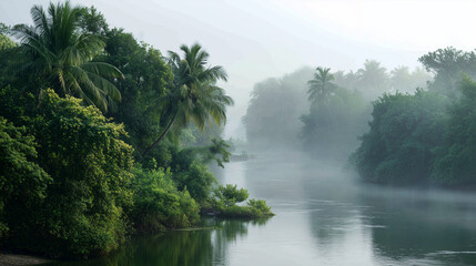 Landscape view of fog over river with lush tropical vegetation on the banks