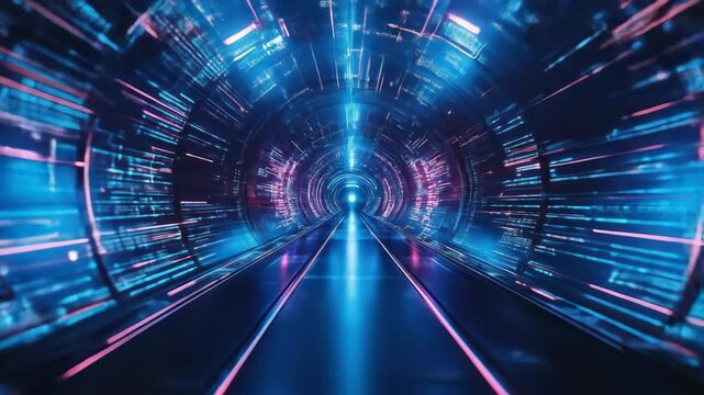 Cyberpunk tunnel with neon glow and metallic floor leading to light