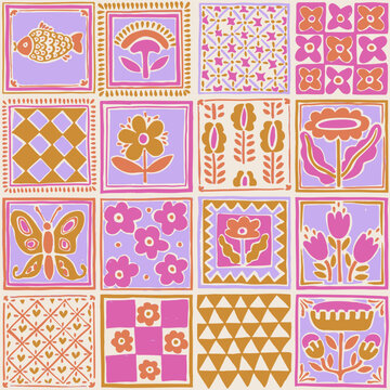 Seamless floral tile pattern. Hand-drawn squares with flowers, fish, and folk ornaments. Retro color palette. Vector illustration.