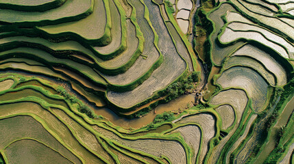 High angle shot of patterns rice terraces, geometric beauty.