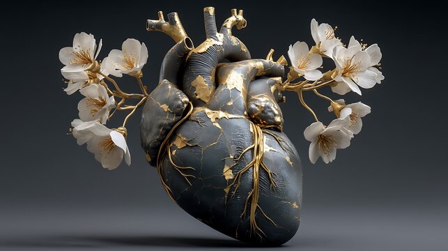 surreal heart sculpture with golden cracks (kintsugi style) and flowers blooming from within, hope and transformation concept, cinematic depth fine art, v7 