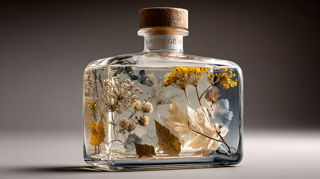 Blank botanical gin bottle template for craft distillery. Packaging design mockup. Premium spirits