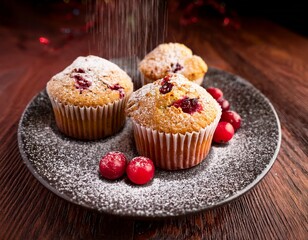delicious baked cranberry muffins with powdered sugar dusting