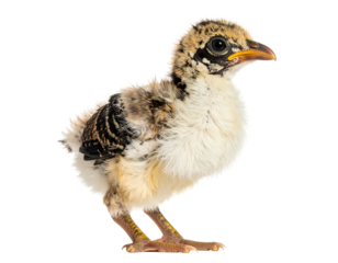 A fluffy baby chick stands sideways, with downy feathers in mixed beige, black, and white against a transparent backdrop