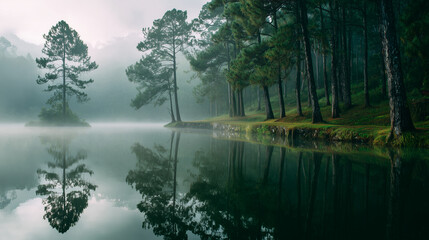 Reflection of tall pine trees and mist on the still surface of a lake for wallpaper