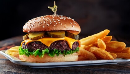 delicious double cheeseburger with crispy fries and pickles meal