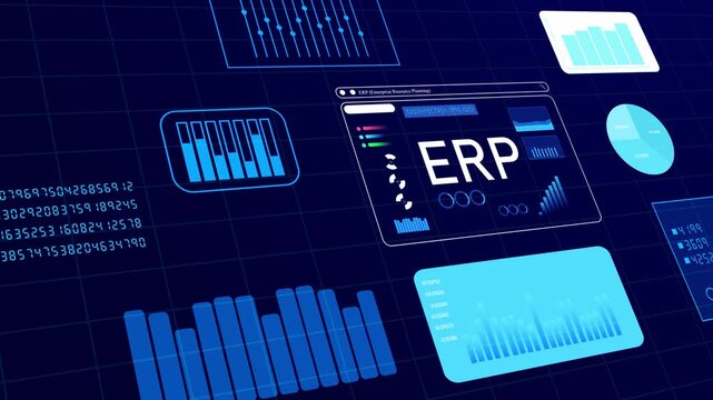 ERP Enterprise Resource Planning software technology concept for business organization management, data system analysis on dark blue background.