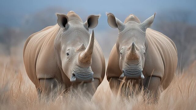 Two magnificent white rhinos stride toward the camera across sun scorched African savanna grasslands, showcasing powerful, majestic herbivores in their wild, endangered habitat