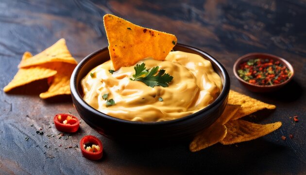 delicious creamy cheesy nacho dip with tortilla chips and spices
