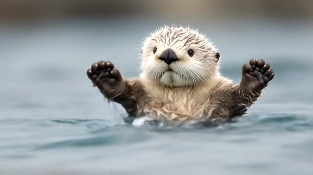 Adorable otters curious playful float on water
